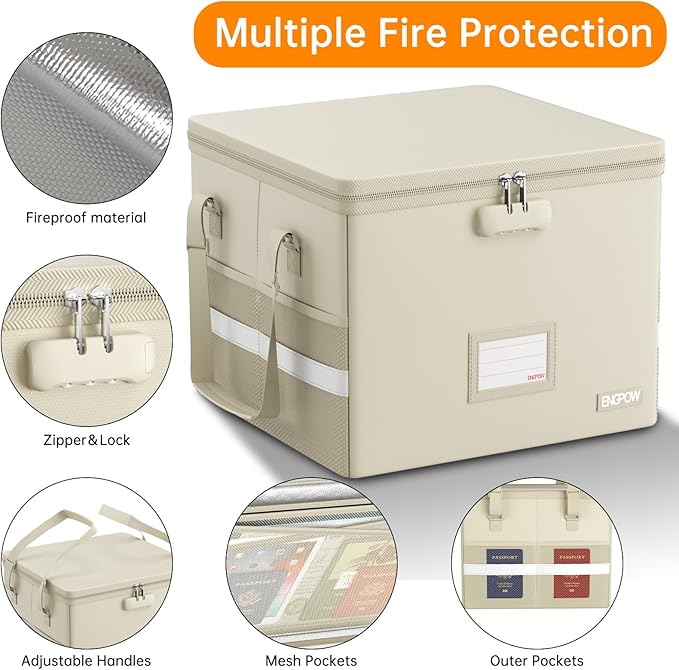 ENGPOW 5200°F File Box Fireproof Document Box with Lock,Heat Insulated Collapsible File Storage Organizer Box with Handle,Por