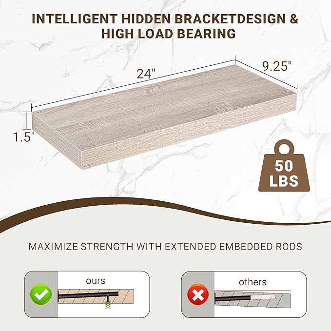 24 Inch Floating Shelves, 3D Textured Wood Grain, 24"x9.25"x1.5" Inch Deep Floating Shelves for Wall, Wooden Shelves for Bath