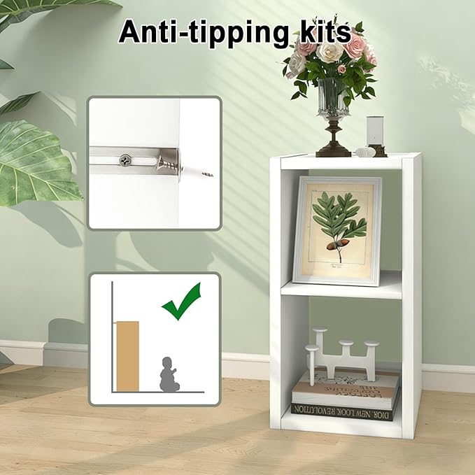 CTESNE【2026 Wooden Thick Frame 2 Cube Storage Organizer Shelf with Anti-Tipping Kits + Reversible Open Back Bookcase, Horizon