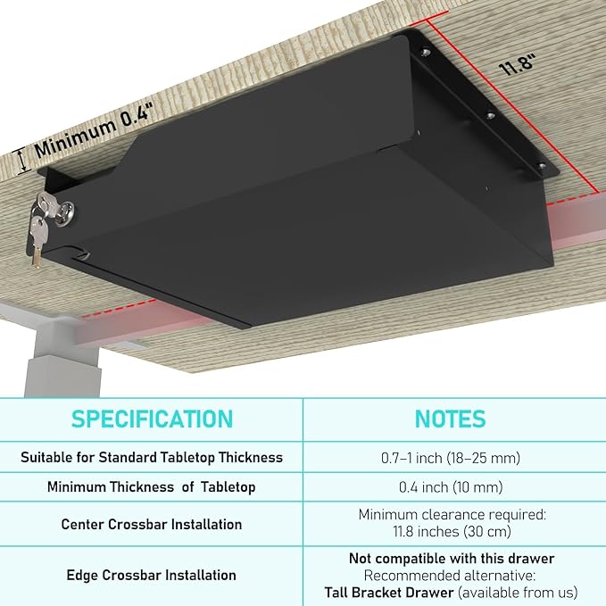 Under Desk Drawer Storage with Lock, 16"x11.8"x3.6", Metal Undermount Table Drawer, Ball Bearing Slides Out Tray Organizer fo