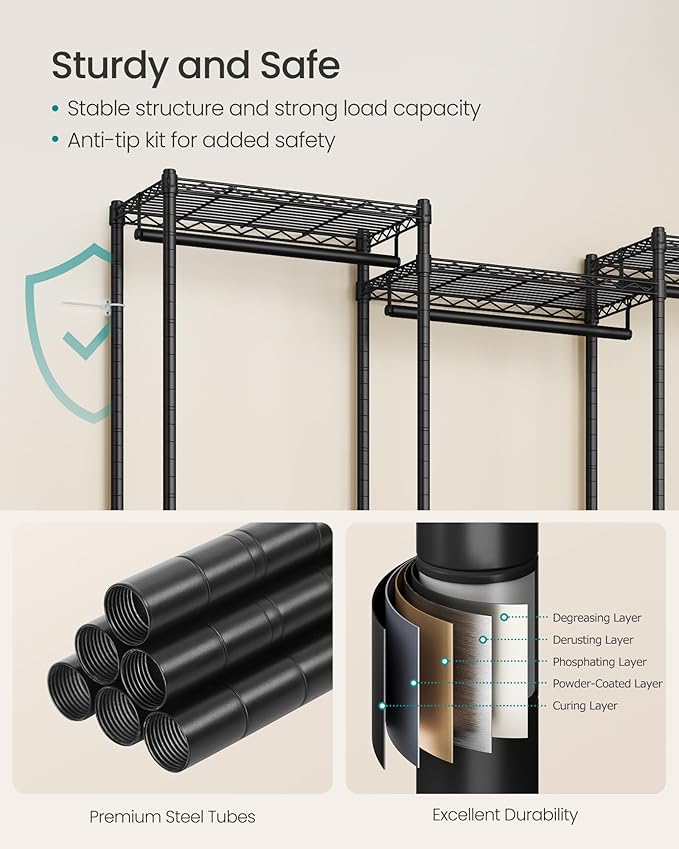 SONGMICS Heavy-Duty Clothes Rack, Garment Rack, Portable Closet, 56.9-Inch Wide Clothing Rack, with Adjustable Mesh Shelves a