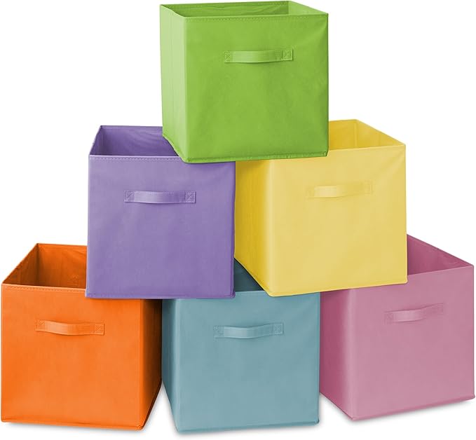 Casafield Set of 6 Collapsible Fabric Cube Storage Bins, Multicolor - 13" Foldable Cloth Baskets for Shelves, Cubby Organizer