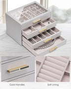 Vlando 4 Layer Jewelry Box for Women, Glass Lid Jewelry Organizer with 4 Drawers for Necklaces Rings Earrings Bracelets - Gre