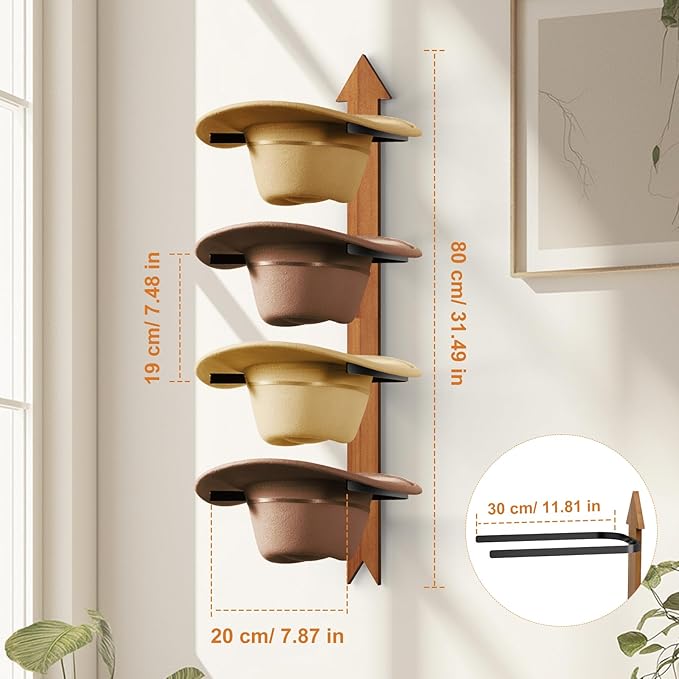 Cowboy Hat Rack, 4 Pieces Wooden Western Rustic Metal Cowboy Hat Hanger with Arrow Sign Board, Gift Cowboy Hat Holder for Wal