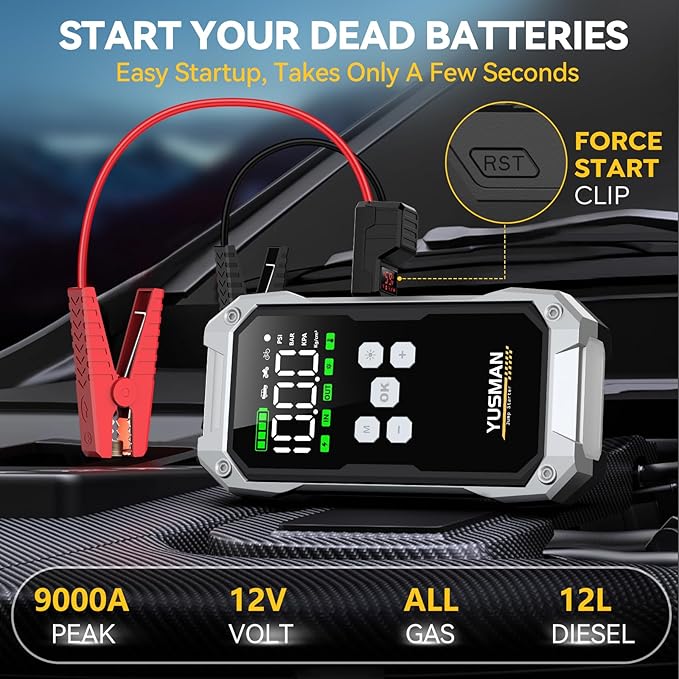 Car Jump Starter with Air Compressor, 9000A 160PSI Jump Starter Pack (All Gas/10.0L Diesel), 12V Battery Jump Starter with