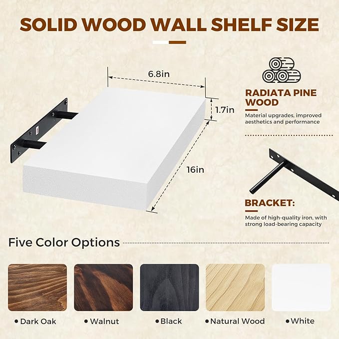 Floating Wall Shelf 16x6.8x1.7 Inch – Solid Wood Shelf in White Finish – Wall Mounted Rustic Display Organizer for Bathroom, 