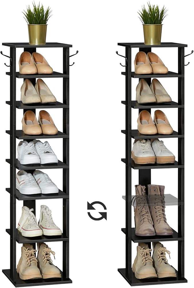 HOOBRO 8 Tiers Vertical Shoe Rack, Wooden Shoe Storage Organizer with Hooks, Narrow Shoe Tower for 8 Pairs, Space Saving, for