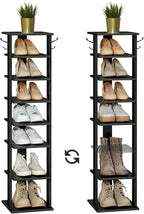 HOOBRO 8 Tiers Vertical Shoe Rack, Wooden Shoe Storage Organizer with Hooks, Narrow Shoe Tower for 8 Pairs, Space Saving, for