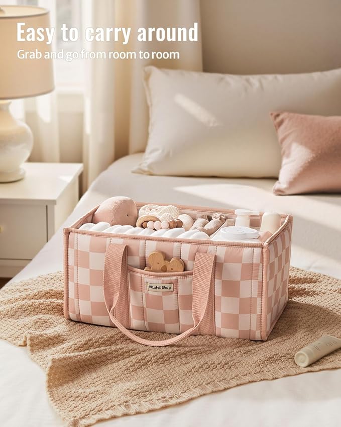 Blissful Diary Checkered Diaper Caddy Organizer, Stylish Nursery Storage Basket, Gift for Baby Shower, Newborn Essentials, Re