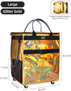 Reusable Grocery Bag with Wheels (Large, Glitter Gold), Rolling Shopping Bag with 8 Pockets and Zipper Cover Foldable Rolling Tote for Women, Travel, Garden, Carries Up to 76LBS