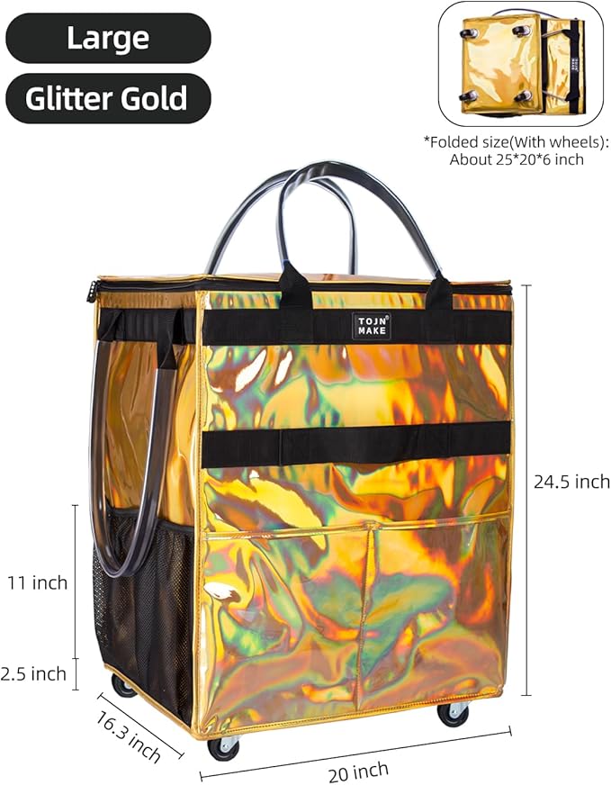 Reusable Grocery Bag with Wheels (Large, Glitter Gold), Rolling Shopping Bag with 8 Pockets and Zipper Cover Foldable Rolling Tote for Women, Travel, Garden, Carries Up to 76LBS