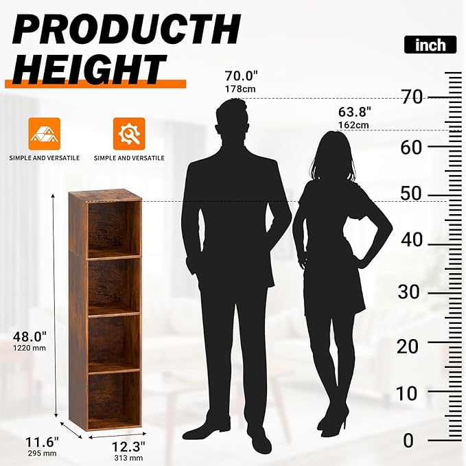 Cube Storage Organizer, 4 Cube Retro Bookshelf, Freestanding 4 Tier Open Shelf, Rustic Brown Retro Shelves for Home Office, B