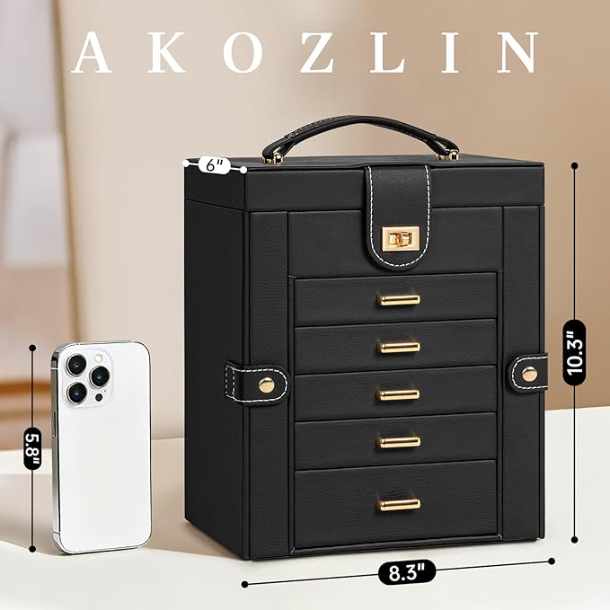 AKOZLIN Jewelry Box Organizer Functional Leather Jewelry Storage Case for Women Girls Ring Necklace Earring Bracelet Holder O