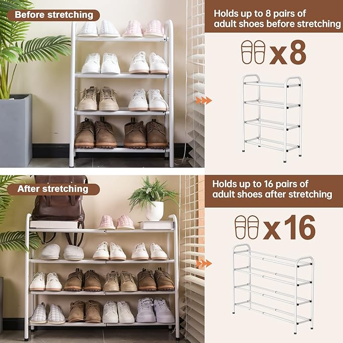 Gonfoam 4-Tier Expandable Shoe Rack,Adjustable Shoe Shelf Storage Organizer Heavy Duty Metal Free Standing Shoe Rack for Entr