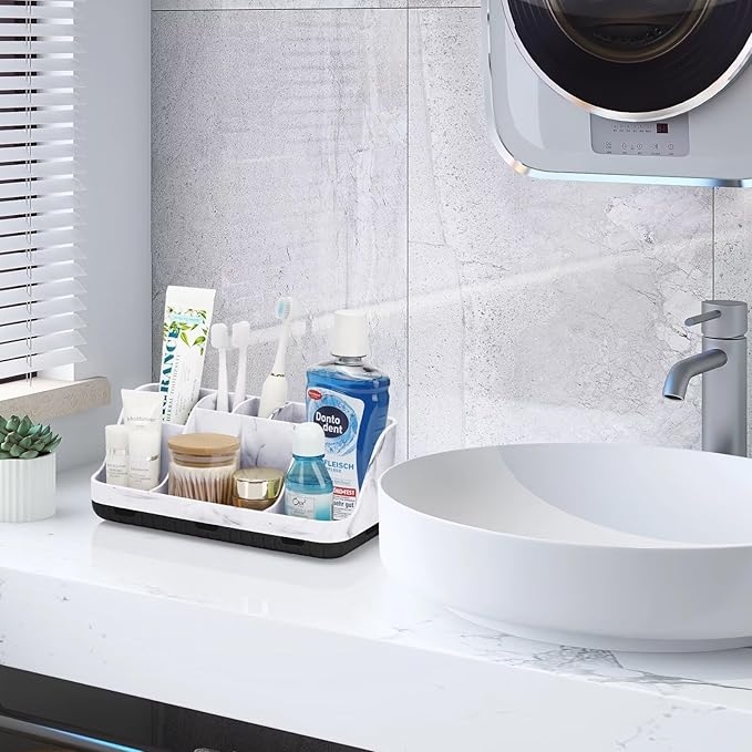 GFWARE Marble Bathroom Countertop Organizer - Detachable 7 Slots Kids Electric Toothbrush and Toothpaste Holde Drainage for B