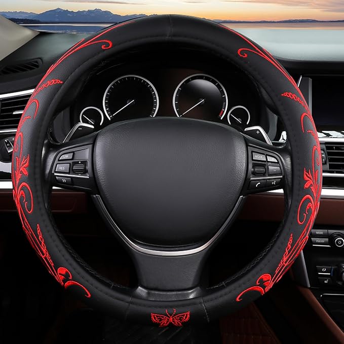 Red Embroidery Butterfly Car Steering Wheel Cover,14.5-15 Inch Universal Leather Covers Breathable Anti-Slip Odorless Steerin