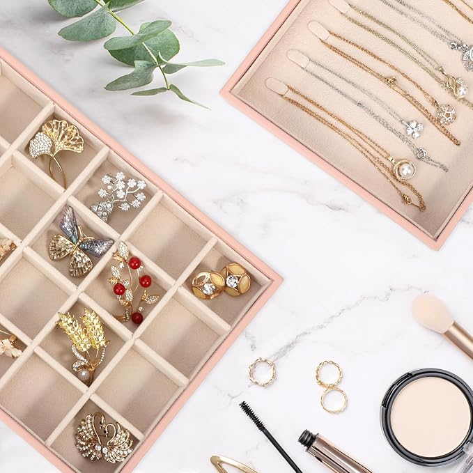Voova Stackable Jewelry Organizer Tray with Lid, PU Leather Jewelry Storage Holder for Drawer Inserts, Jewellery Display Box 