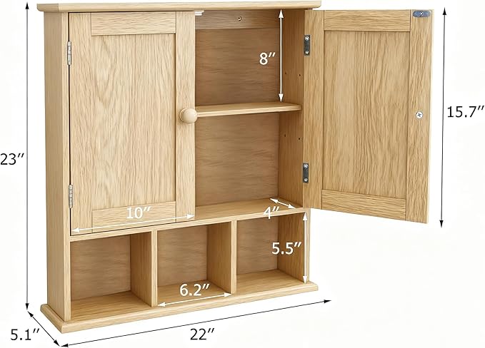 TaoHFE Natural Wooden Color Bathroom Wall Cabinet with 2 Door Adjustable Shelves,Over The Toilet Storage Wall Mounted Medicin