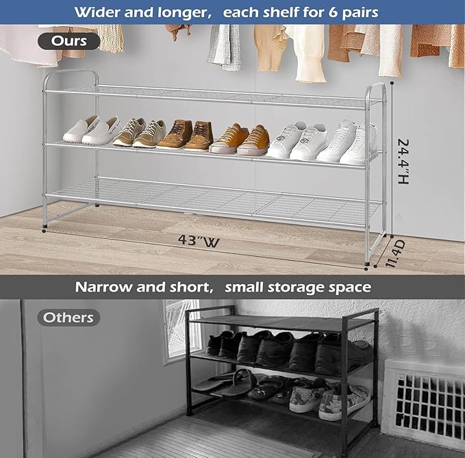 KEETDY 3-Tier Long Shoe Rack for Closet Metal Shoe Organizer for Entryway, Wide Stackable Shoe Storage Shelf with Sturdy Wire