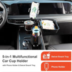 Car Large Cup Holder Expander, 4-in-1 Cupholder Extender with Phone Holder & Swivel and Detachable Snack Food Tray Table for 