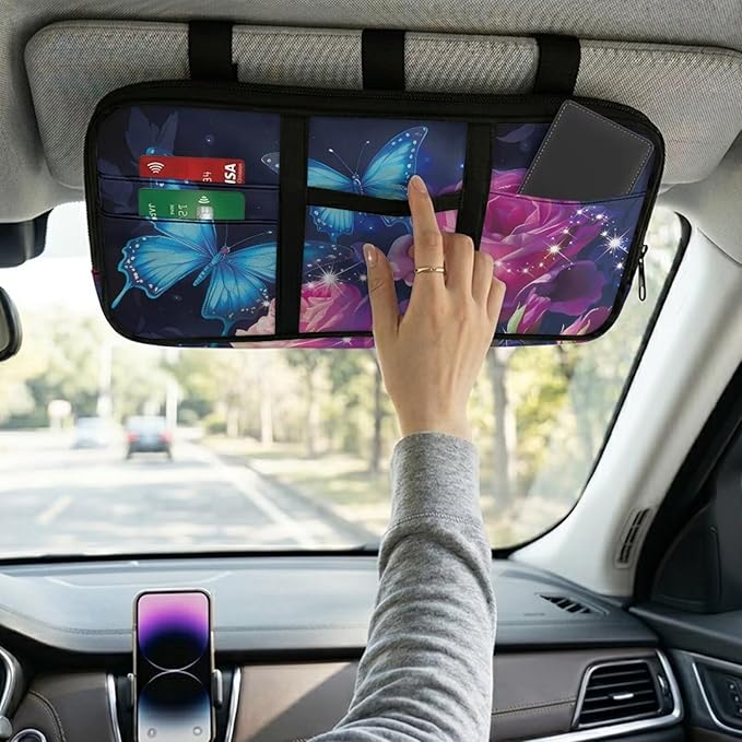 Butterfly Rose Zippered Heavy Duty Car with Adjustable Straps and Multi-Pocket Sun Visor Organizer Sun Visor Storage Bag with Picture Holder Easy Installation Universal Fit for Most Cars Suv
