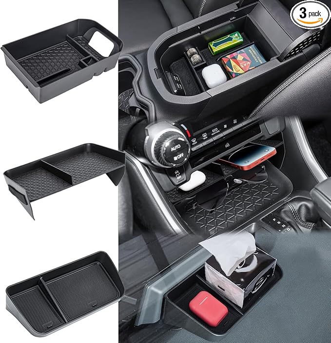 3PCS Center Console Organizer Tray and Armrest Storage Box Compatible with Toyota RAV4 2019-2022 2023 2024 2025 Dash Storage Tray Interior Accessories-Not for New 10.5'' Multimedia Display