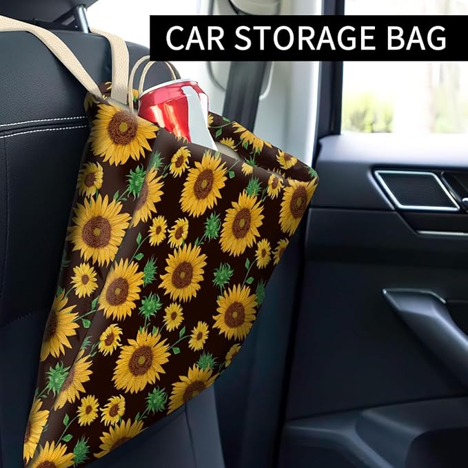 Car Trash Can, Cute Car Trash Bag, Hanging Car Organizer and Storage Bag, Trash Bin for Car Accessories, Vehicle, Travelling, Camping Cute Sunflower