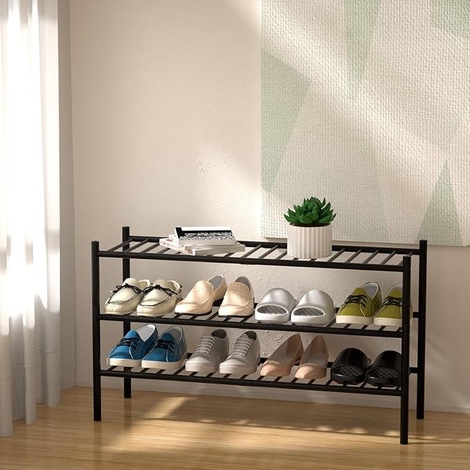 ROMGUAR CRAFT 3-Tier Bamboo Long Shoe Rack, Free Standing Wood Shoe Shelf Storage Organizer for Closet Entryway Stackable 35"