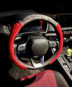 Quick Install Sporty Suede Steering Wheel Cover with Red Grips Universal fit Any 14 ½ to 15 inches Car SUV Pickup Steering Wheel