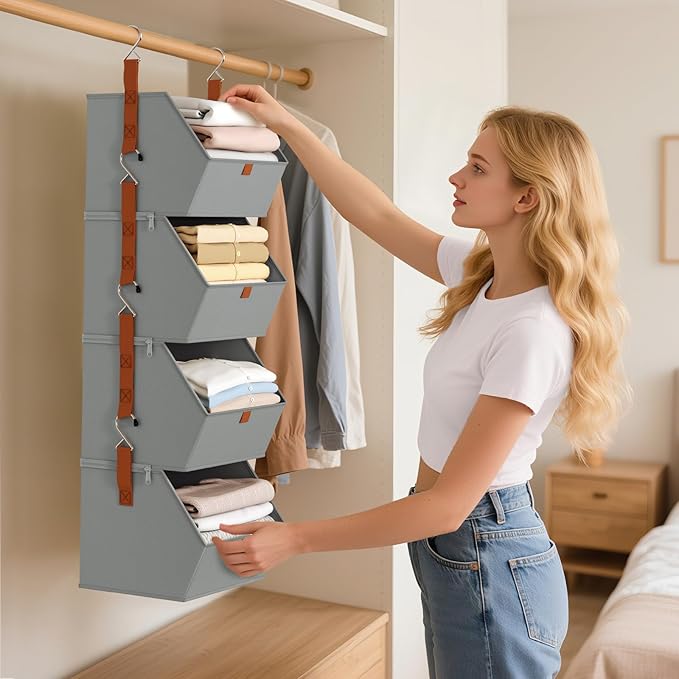 Homsorout Hanging Closet Organizer 4 Tier - Clothes Hanging Shelves, Space-Saving Closet System, Fabric Storage Bins Bedroom 