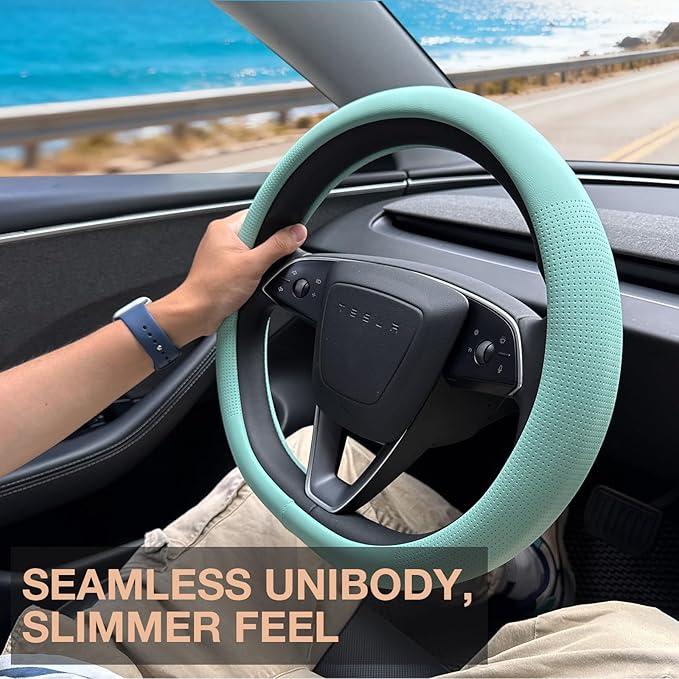 PINCTROT Nappa Leather Steering Wheel Cover for Tesla Model Y/3 Highland/Juniper, D Shaped 14 Inch Small Sized with Breathabl