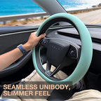 PINCTROT Nappa Leather Steering Wheel Cover for Tesla Model Y/3 Highland/Juniper, D Shaped 14 Inch Small Sized with Breathabl