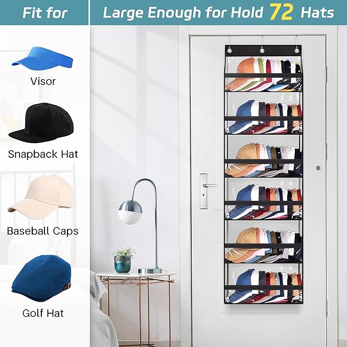 AOODA Clear Over The Door Hat Racks for Baseball Caps, Large Holds up to 72 Caps Hat Storage Organizer for Closet Wall, Deep 