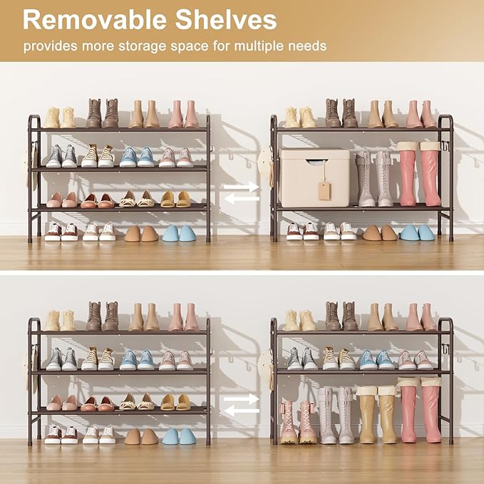 VILICK 3 Tier Shoe Rack 33" Wide Metal Shoe Organizer Long Shoe Storage with 4 Side Hooks Sturdy Shoes Shelf for Front Door E