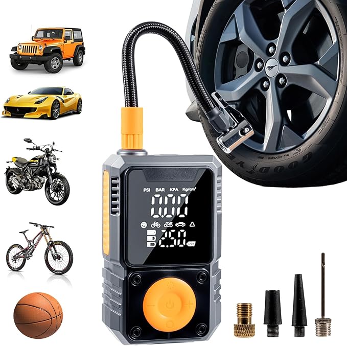 Portable Tire Inflator, 150PSI Cordless Air Pump for Fast Inflation, for Car Tires, Bike Tires, Motorcycles, and Balls, Featuring Pressure Gauge and LED Indicator