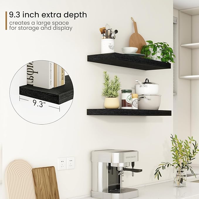 Fun Memories 32Inch Floating Shelves, 9.3Inch Deep Rustic Wall Shelves - Extra Deeper & Thicker Wall Mounted Storage Shelf fo
