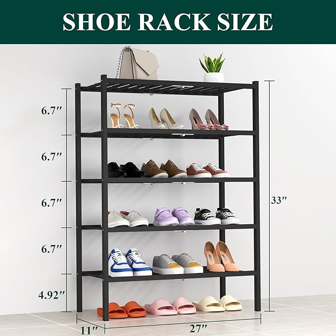Smiry Shoe Rack, 5 Tier Thick Bamboo Shoe Organizer, Stackable Free Standing Wooden Shoe Storage Shelf for Closet, Entryway, 