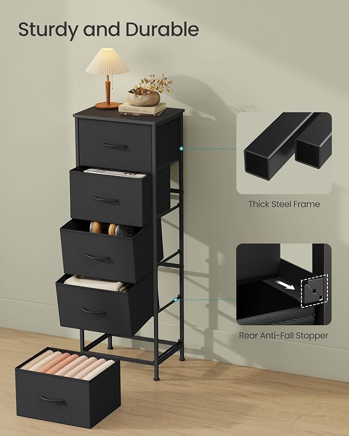 SONGMICS Dresser for Bedroom, Chest of Drawers, Steel, MDF, 5 Non-Woven Fabric Drawers, Storage Organizer Unit, Closet, Entry
