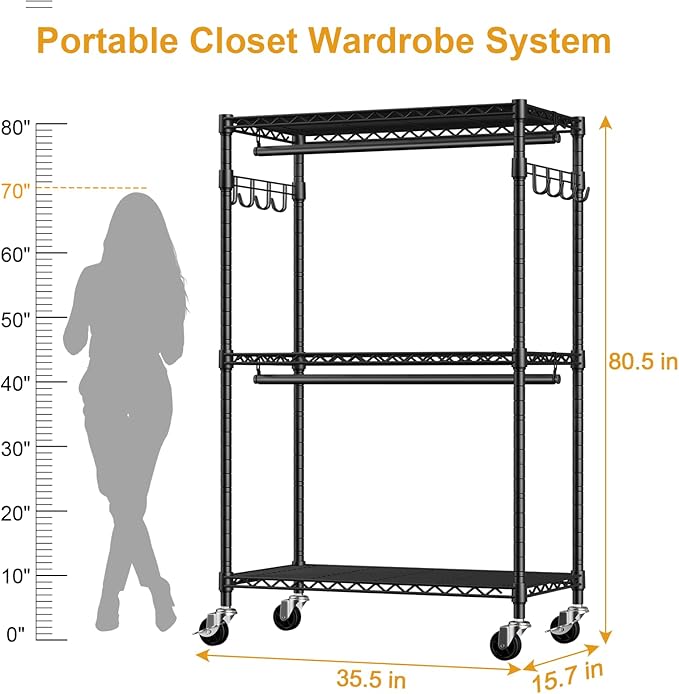 ULIFHOME P1 Rolling Clothes Rack, Portable Wardrobe Closet with Wheels, Heavy-Duty Closet Clothing Rack for Hanging Clothes, 