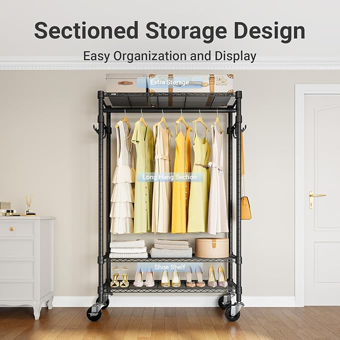 VIPEK R3 Heavy Duty Garment Rack with Lockable Wheels, Portable Rolling Closet with Adjustable Shelves & Hanging Rod & Side H