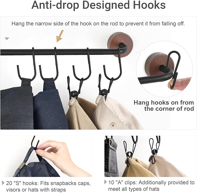 Mkono Hat Rack for Wall Hat Organizer for Baseball Caps Hanger with 20 Hooks Modern Metal Hat Holder Wall-Mounted Ball Caps D