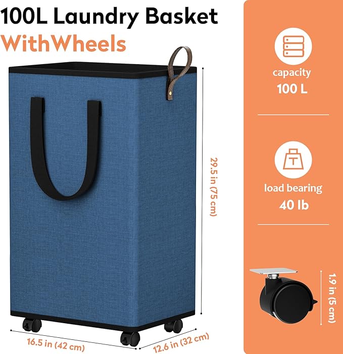 SpaceTrove Laundry Basket with Wheels, Collapsible Laundry Baskets, Laundry Hamper with Handles Detachable Wheels, Rolling La