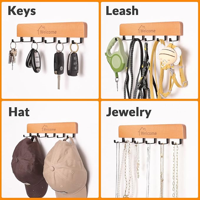 SCUNDA Wooden Key Holder with Metal Hooks,No Drill Adhesive & Screws, Wall Mount Entryway Organizer for Keys, Coats, Hats, Ru