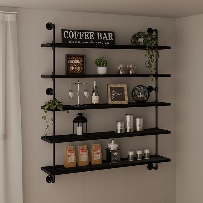 Floating Shelves for Wall Bookshelf Industrial Pipe Shelving Shelves 48 Inch 5 Tier Natural Wood Planks Rustic Wall Shelves H