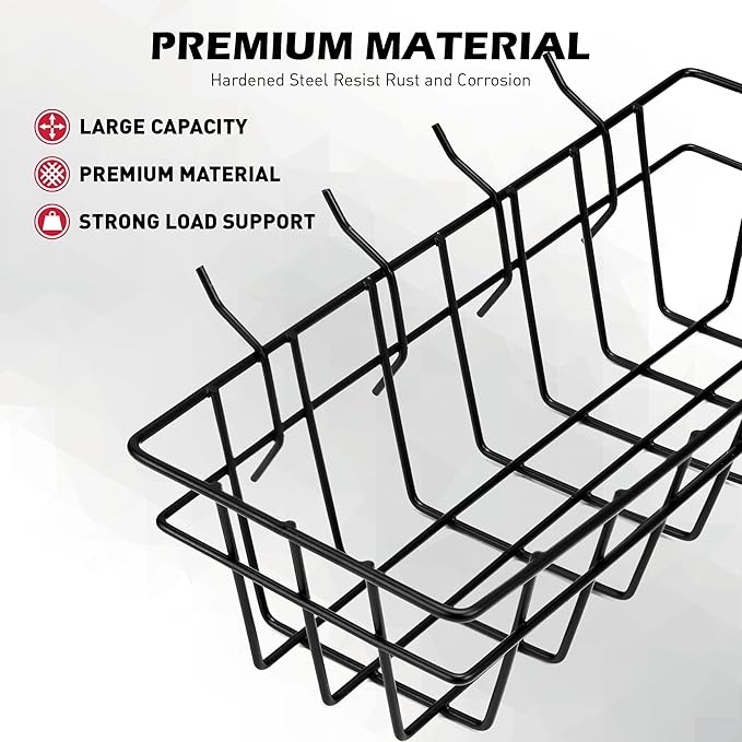 5-Piece Pegboard Baskets Set - Heavy Duty Peg Board Organizer Accessories Bin Set, Premium Black Metal Wire Baskets Tool Shel