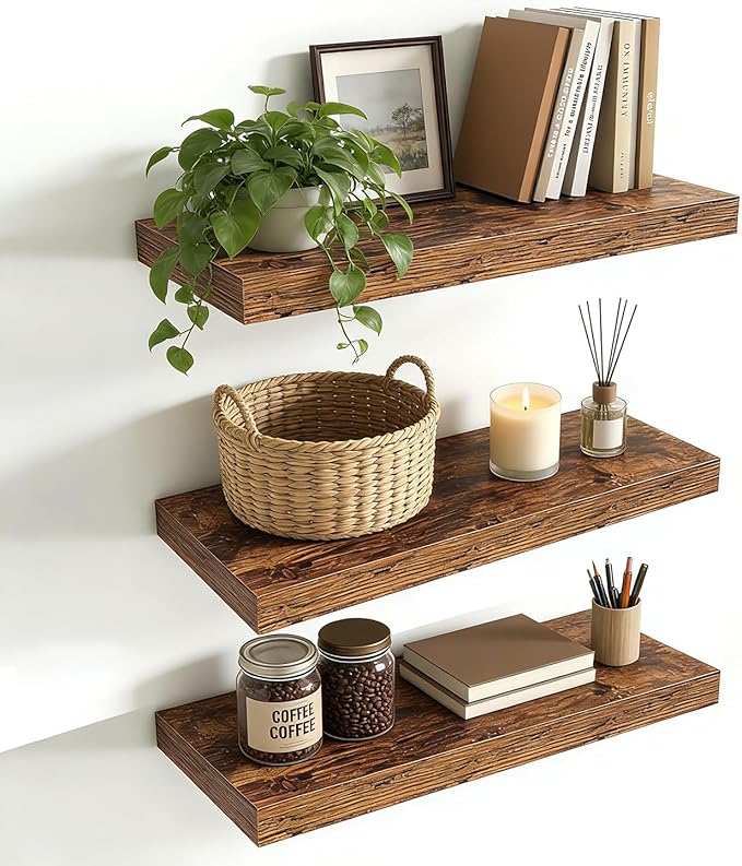 Set of 3 Rustic Brown Solid Wood Floating Shelves 15.7 inch - Wall Mounted Storage Shelves for Bathroom Over Toilet, Bedroom,