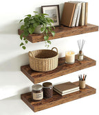 Set of 3 Rustic Brown Solid Wood Floating Shelves 15.7 inch - Wall Mounted Storage Shelves for Bathroom Over Toilet, Bedroom,