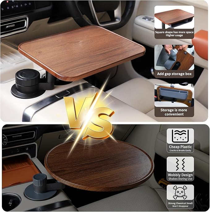 360° Rotating Wood Car Tray & Desk for Laptop - Steering Wheel Cup Holder Table, Car Accessories for Women & Men, Compatible with Tesla Model Y/3/S, Ford F150/Explorer/Maverick & Most Vehicles