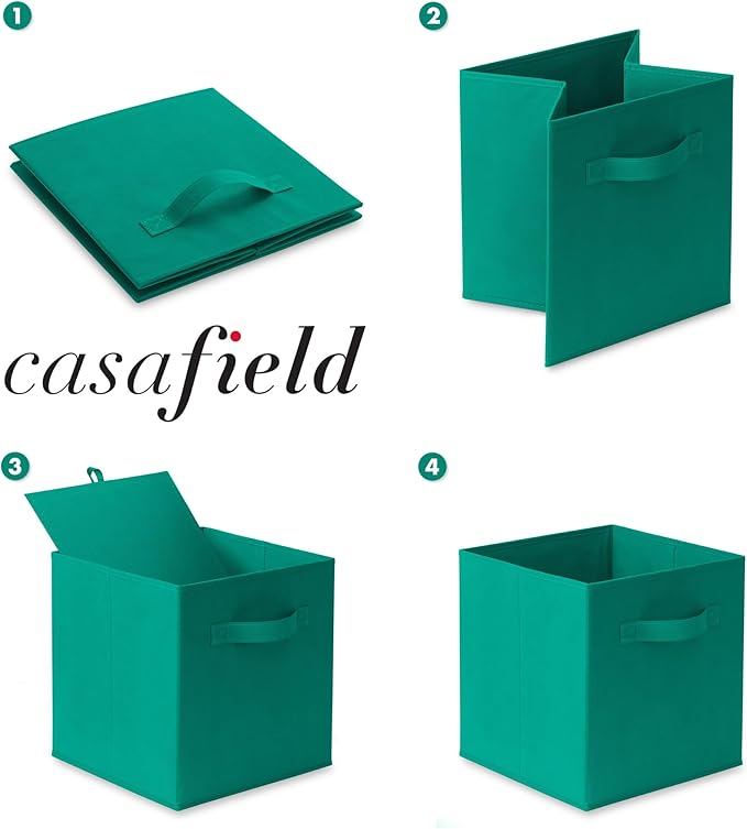 Casafield Set of 6 Collapsible Fabric Cube Storage Bins, Teal - 11" Foldable Cloth Baskets for Shelves, Cubby Organizers & Mo