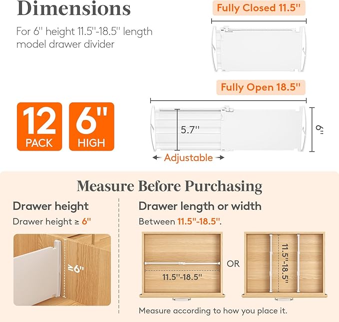 Lifewit 6" Tall 12 Pack Drawer Dividers, 30-47cm/11.5-18.5" Expandable Drawer Divider for Clothes, Adjustable Dresser Drawer 